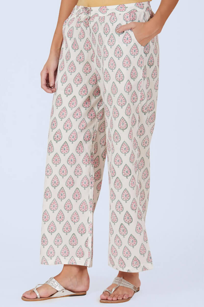 White Block Printed Cotton Farsi Pants