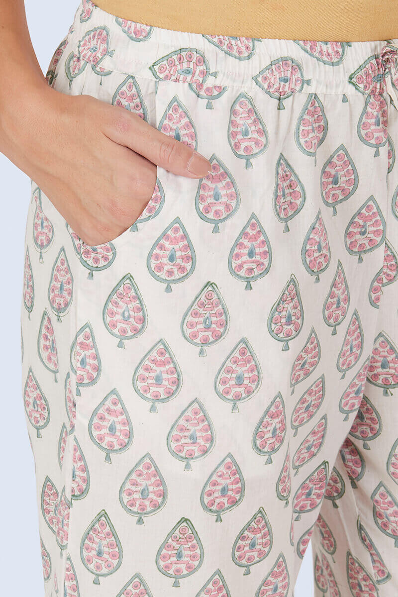 White Block Printed Cotton Farsi Pants