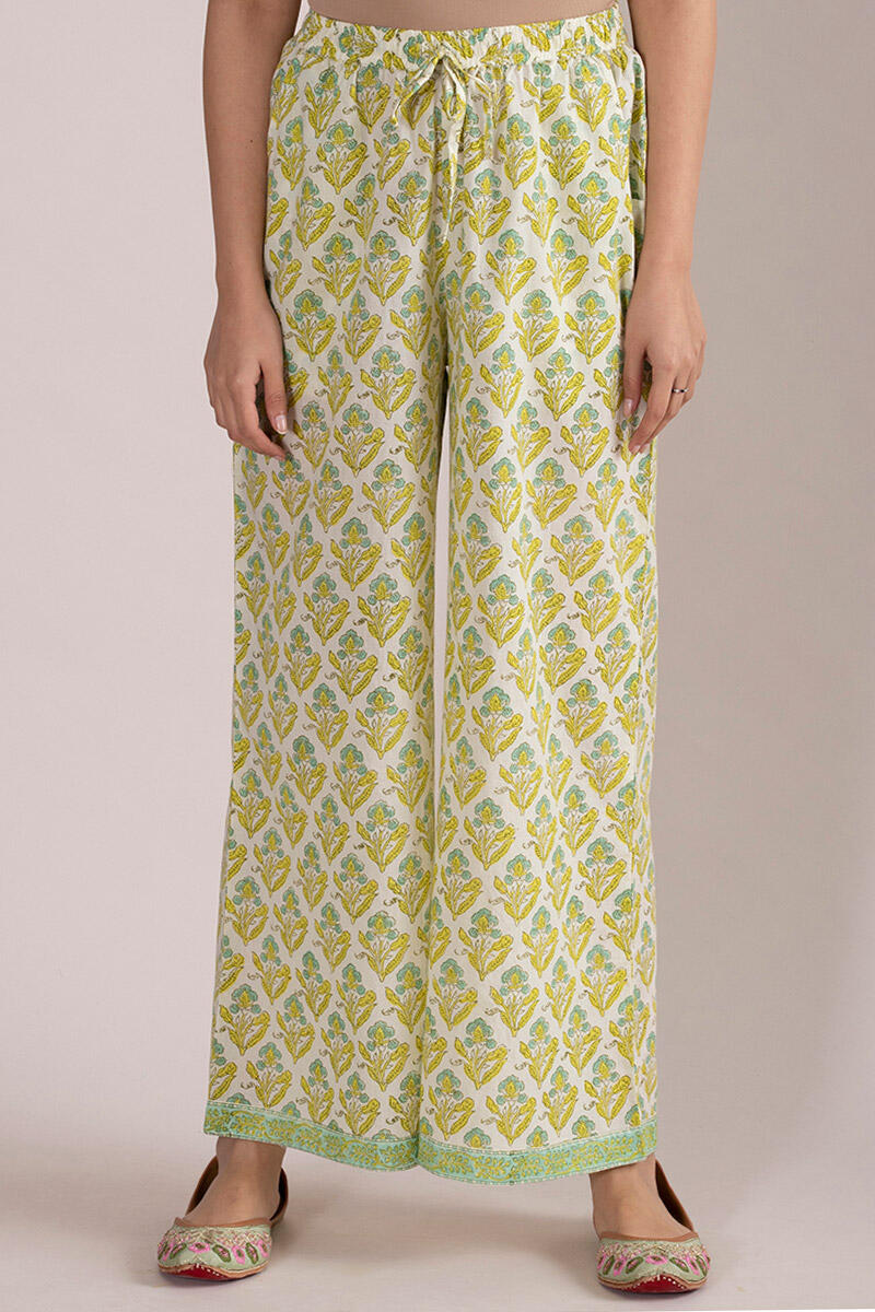 Yellow Block Printed Cotton Farsi Pants