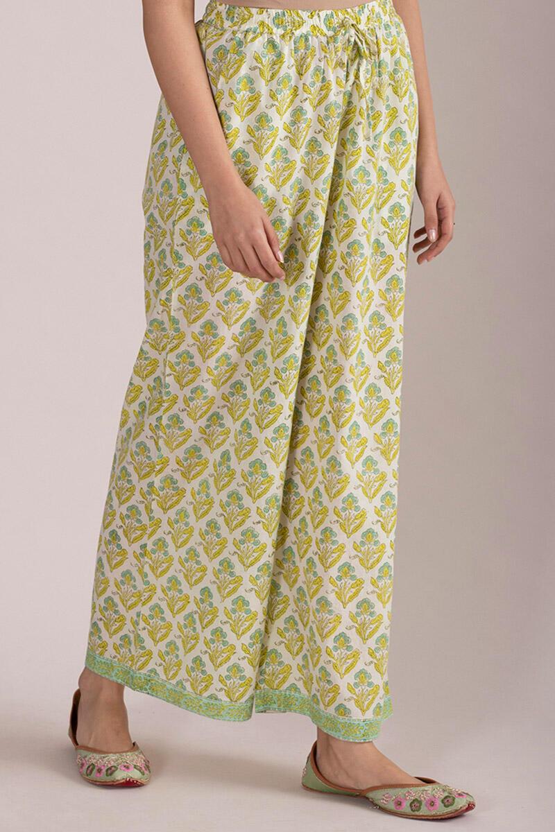 Yellow Block Printed Cotton Farsi Pants