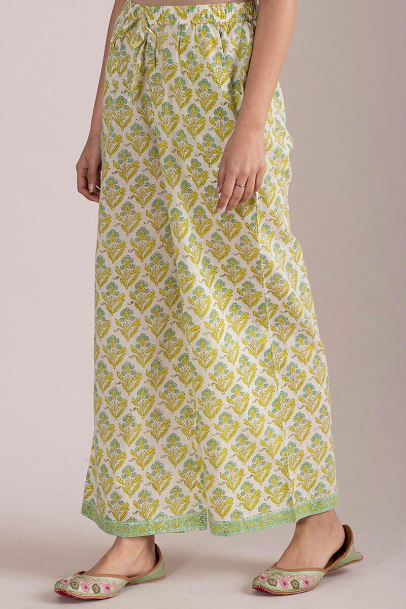 Yellow Block Printed Cotton Farsi Pants