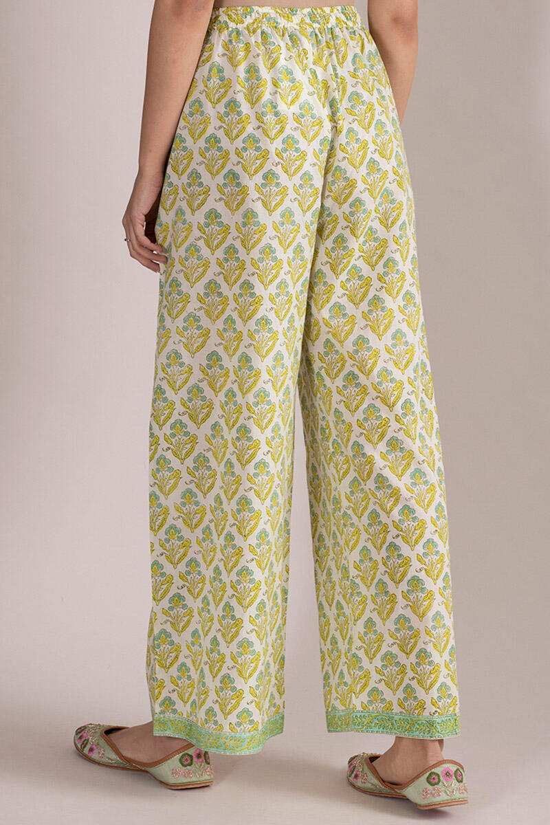 Yellow Block Printed Cotton Farsi Pants