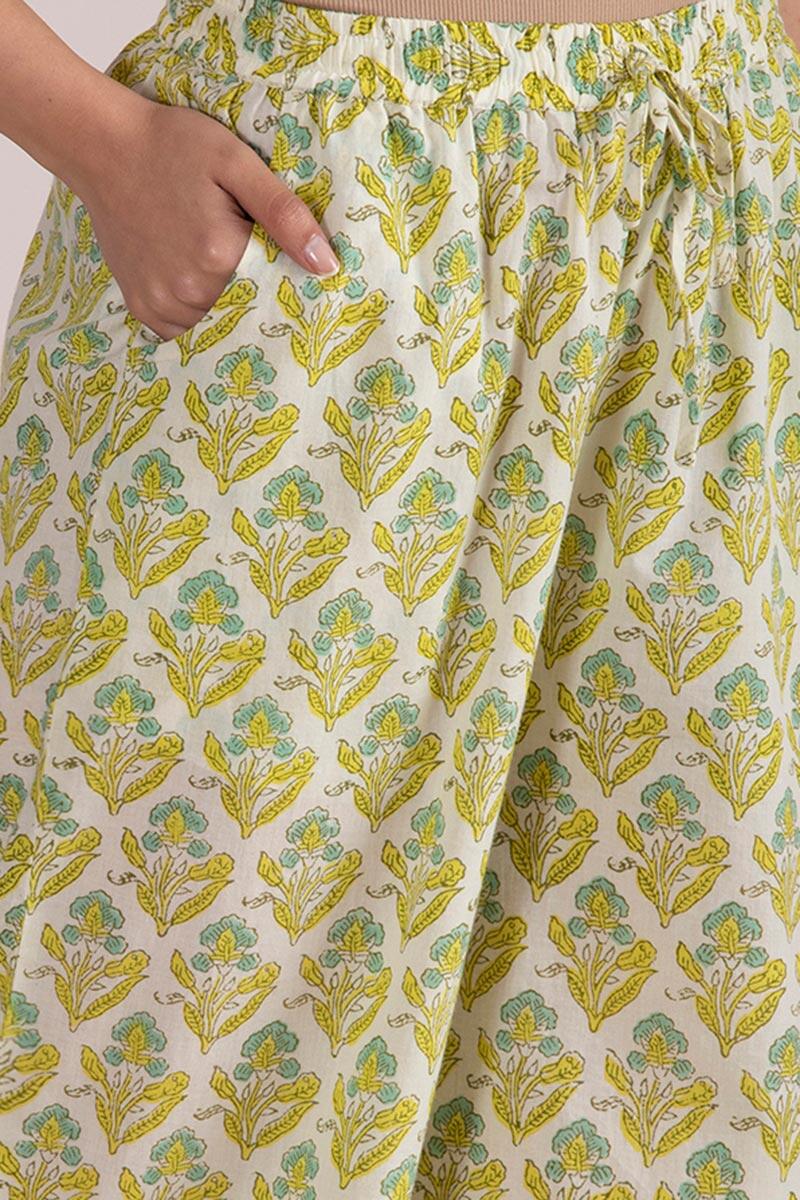 Yellow Block Printed Cotton Farsi Pants