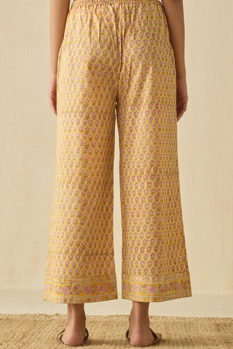 Yellow Hand Block Printed Cotton Slub Farsi