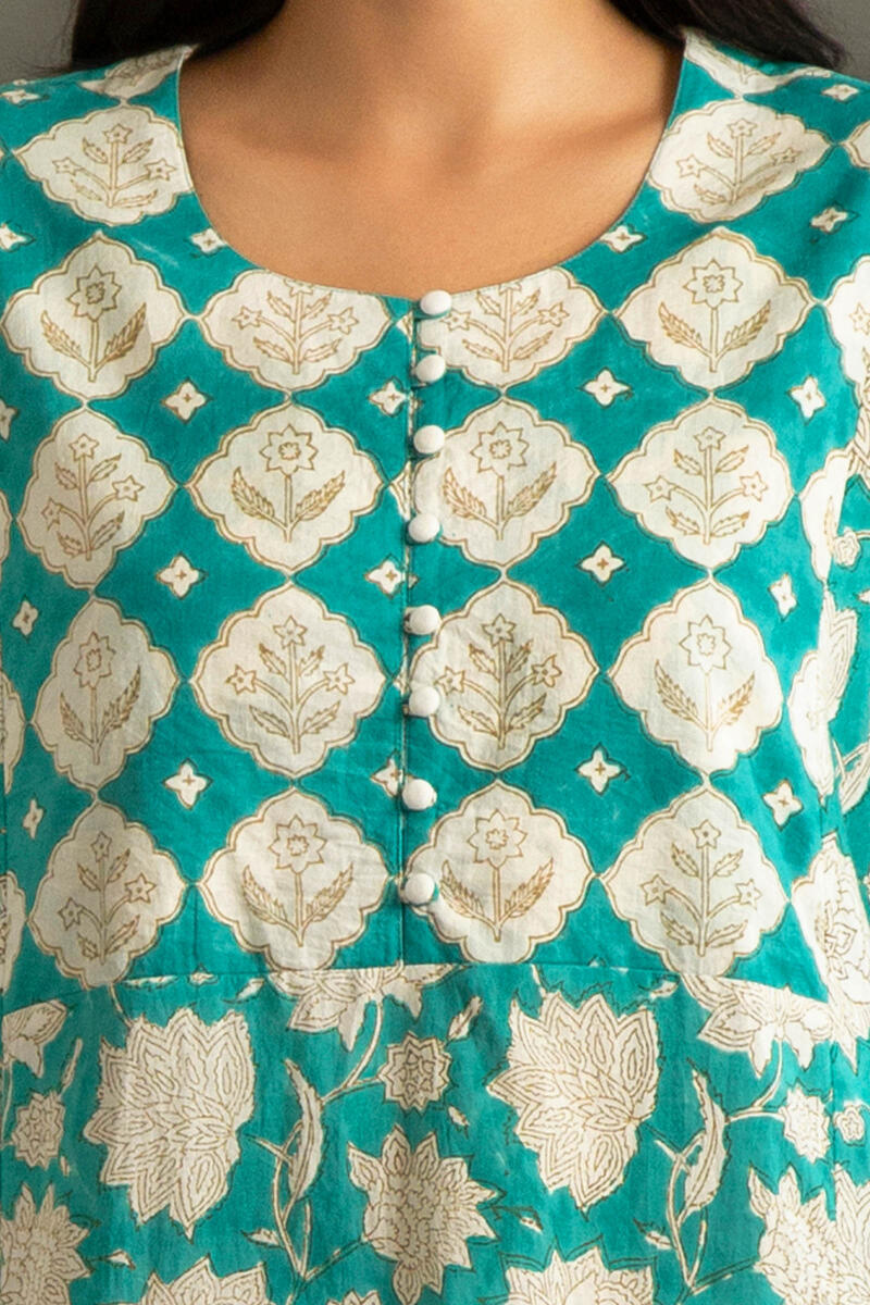 Turquoise Block Printed Cotton Kaftan