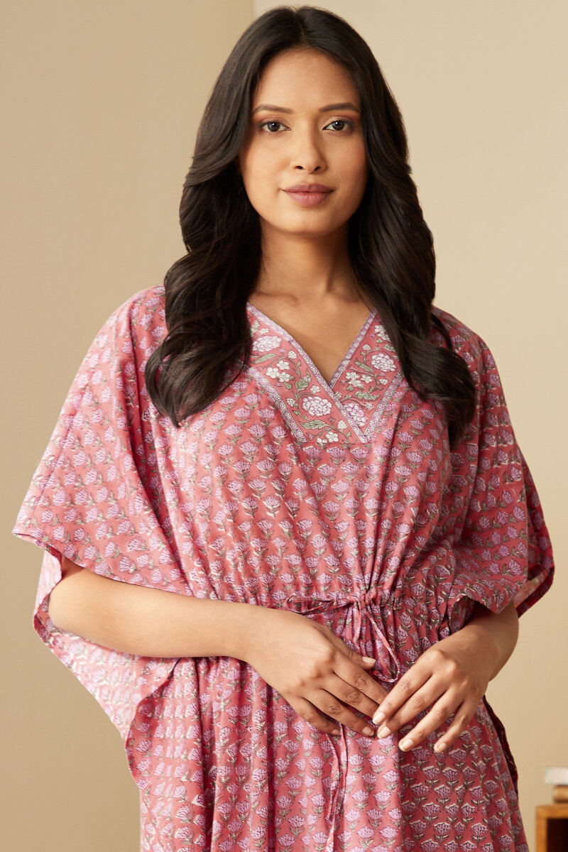 Pink Hand Block-Printed Cotton Mul Kaftan