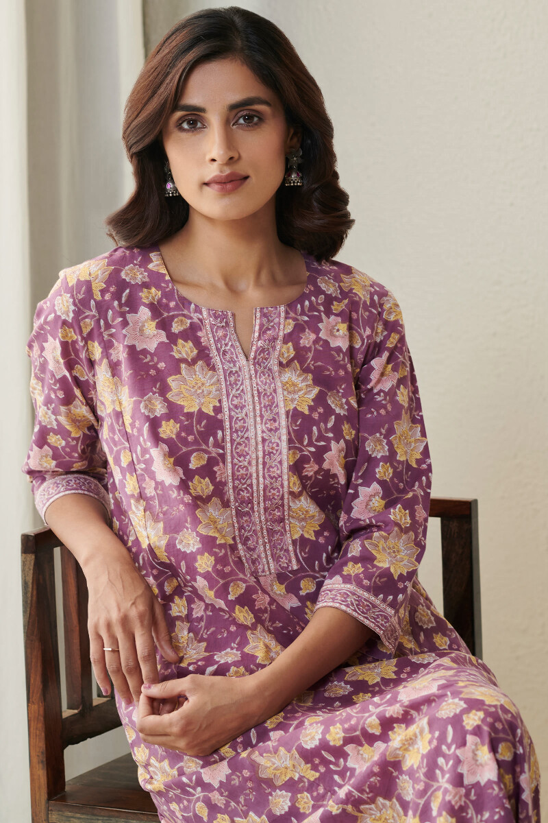 Purple Hand Block-Printed Cotton Kaftan