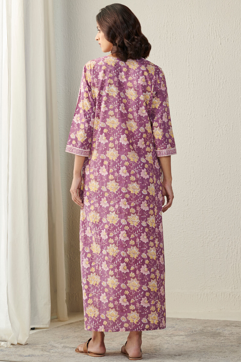 Purple Hand Block-Printed Cotton Kaftan