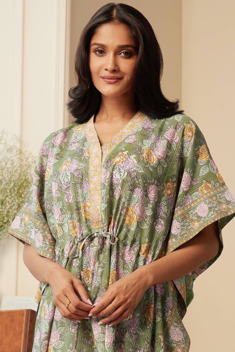 Green Hand Block-Printed Cotton Dobby Kaftan