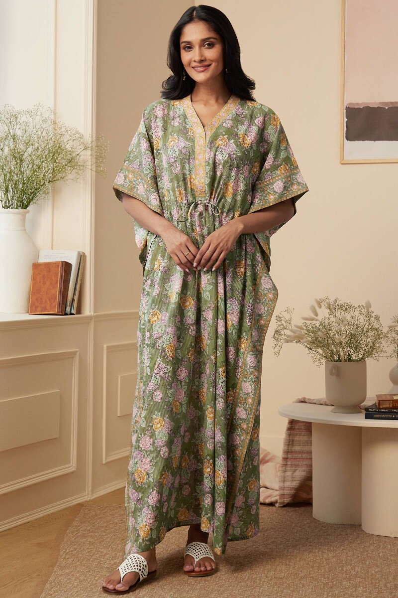 Green Hand Block-Printed Cotton Dobby Kaftan