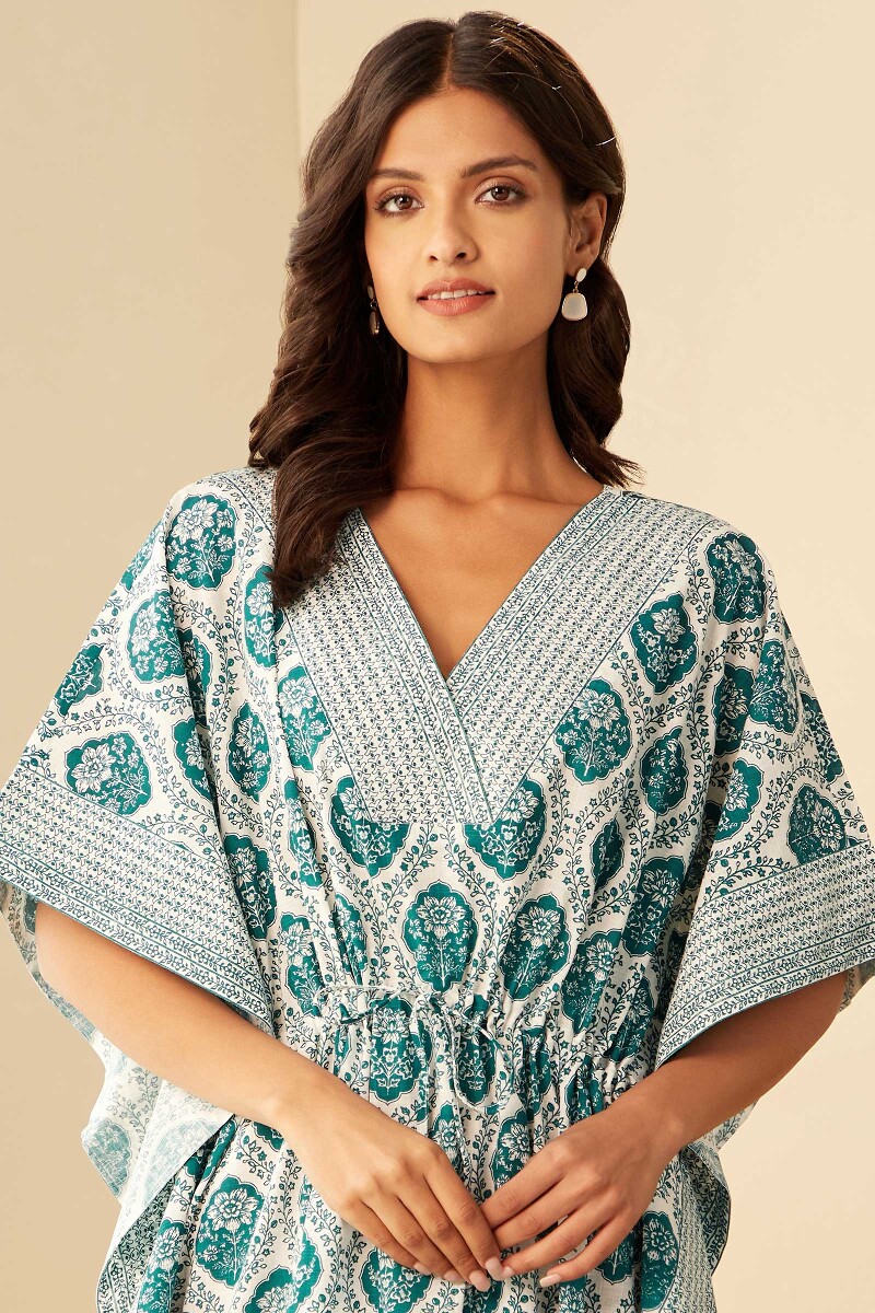 White Hand Printed Cotton Slub Kaftan