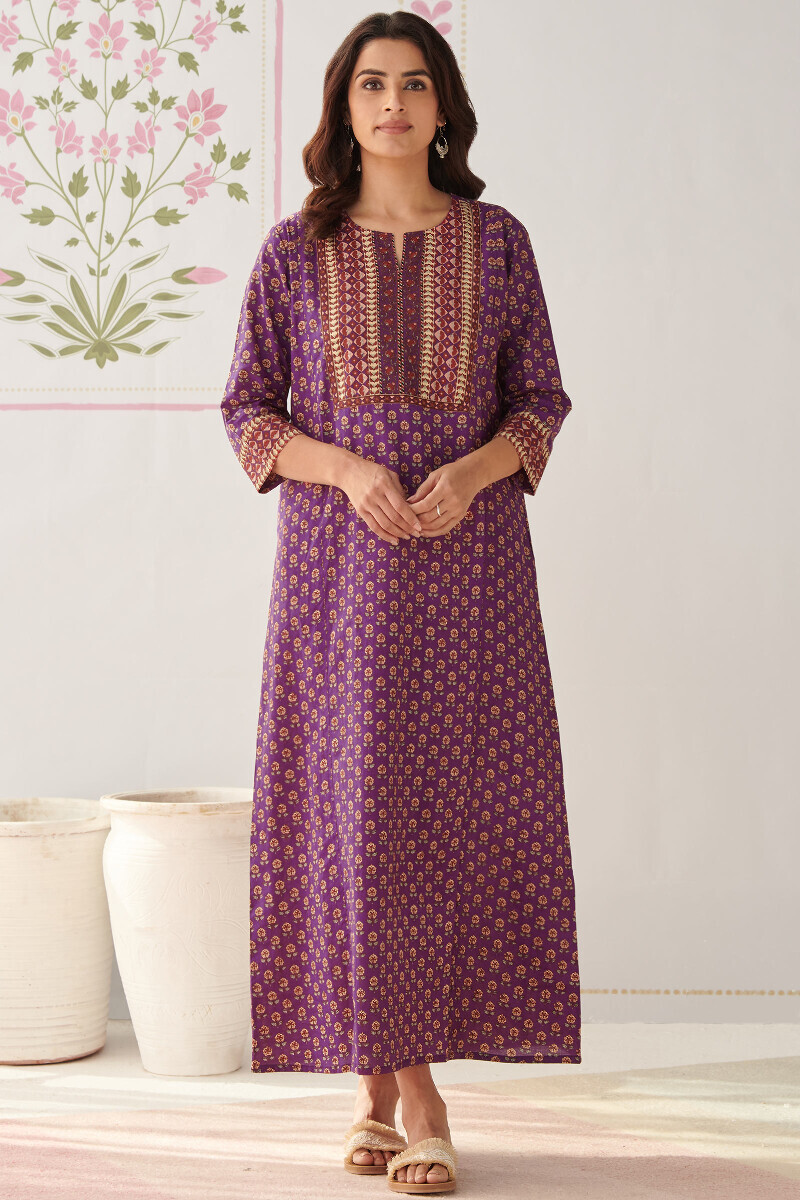 Purple Hand Printed Cotton Kaftan