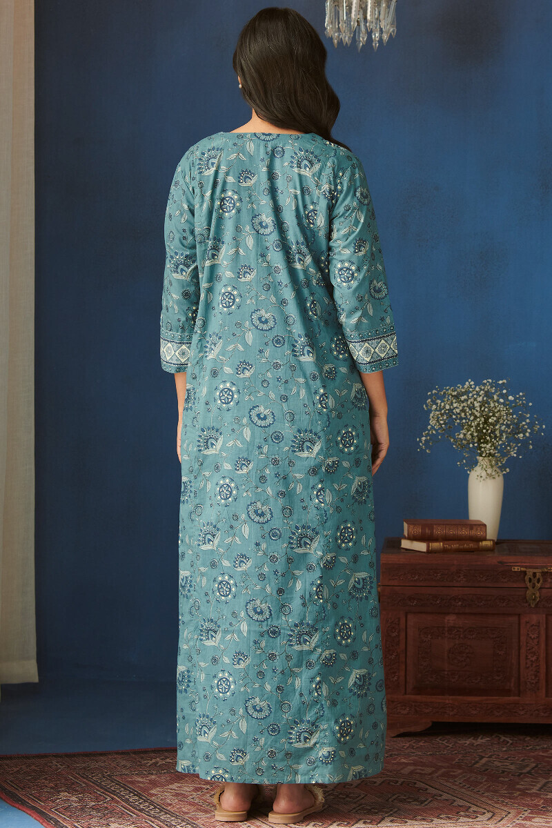 Blue Hand Printed Cotton Kaftan