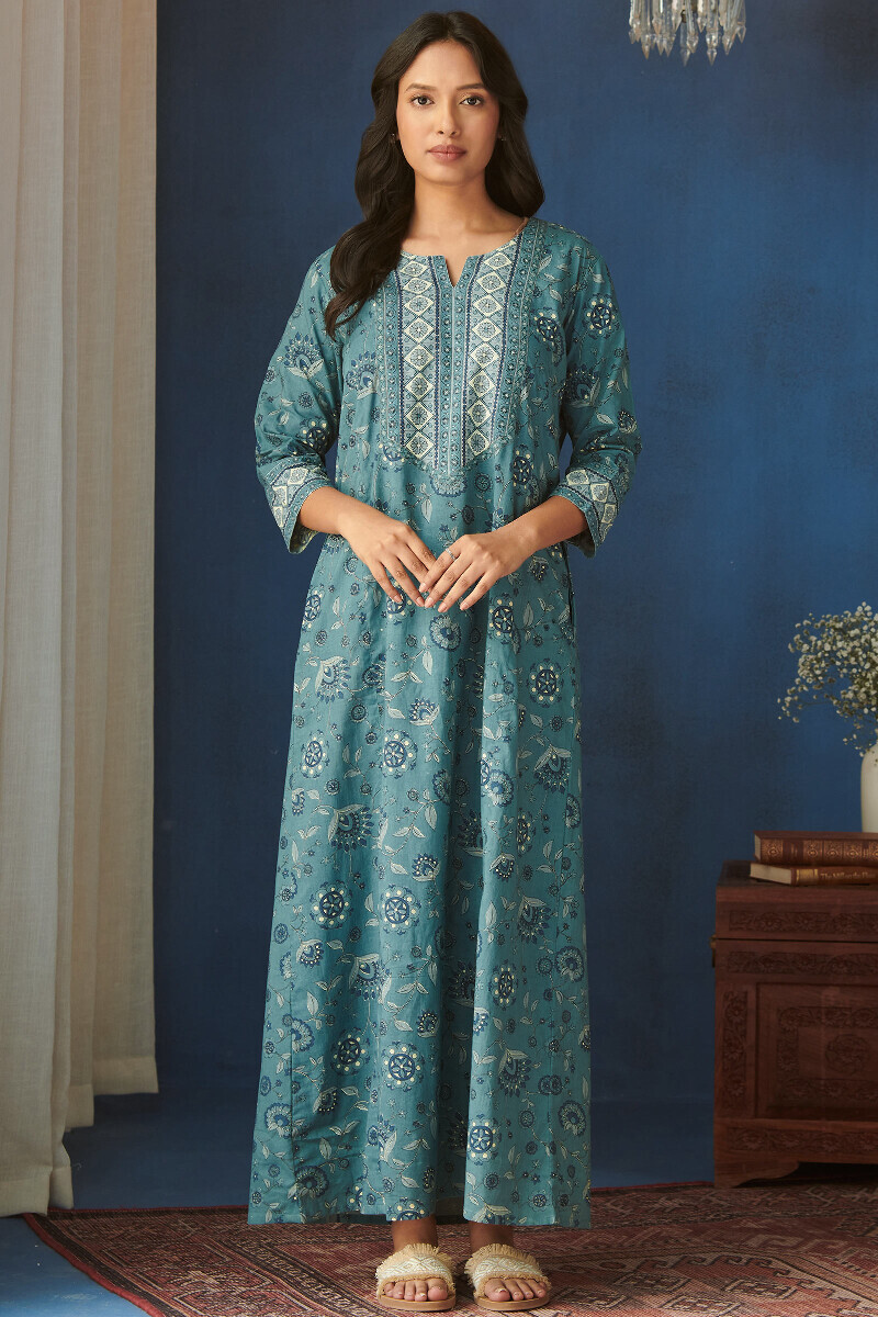 Blue Hand Printed Cotton Kaftan