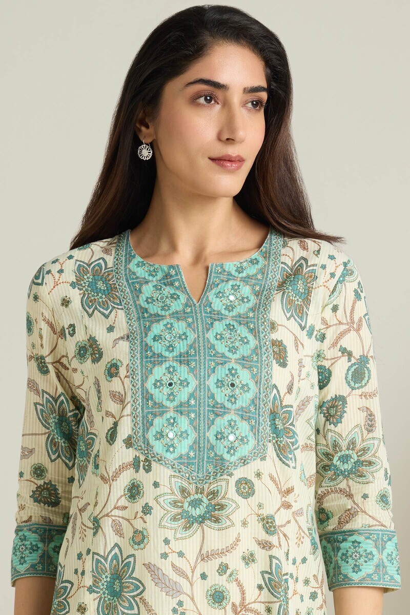 Cream Hand Printed Cotton Dobby Kaftan