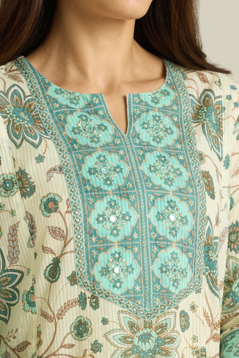 Cream Hand Printed Cotton Dobby Kaftan