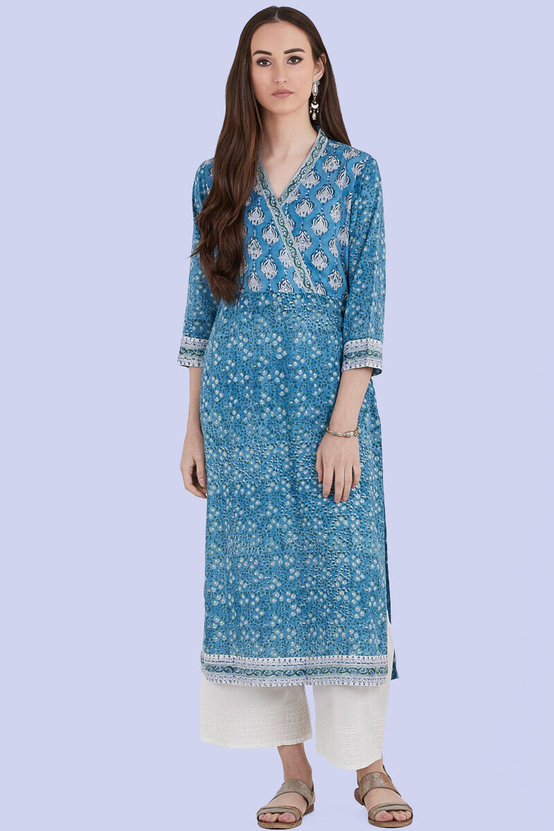 Blue Block Printed Straight Viscose Kurta