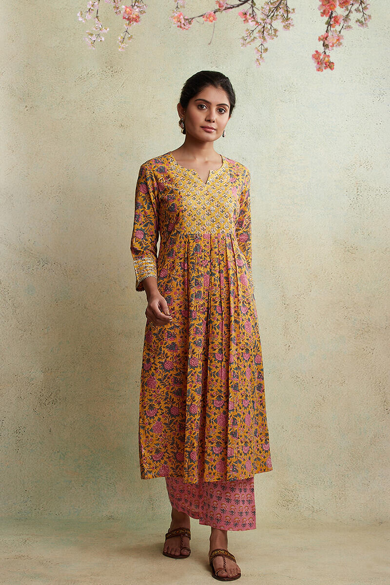 Mustard Block Printed Cotton A-line Kurta