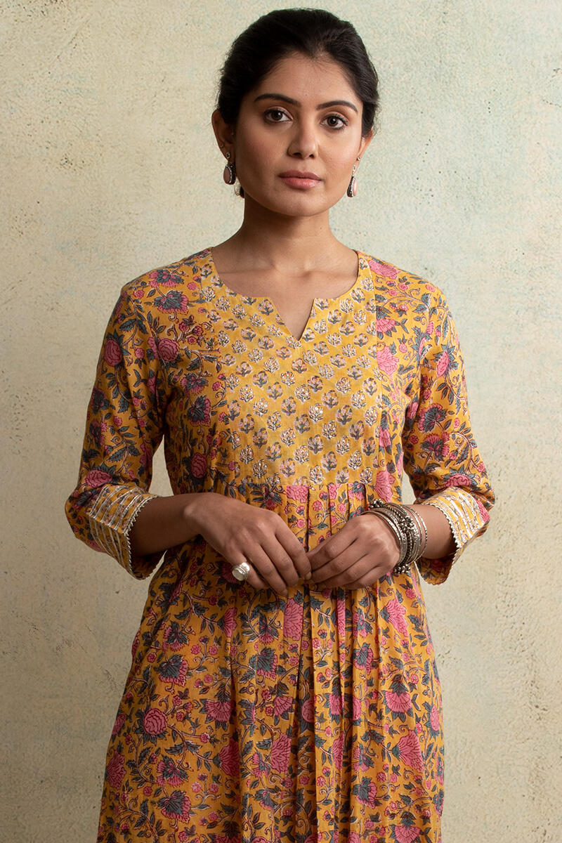 Mustard Block Printed Cotton A-line Kurta