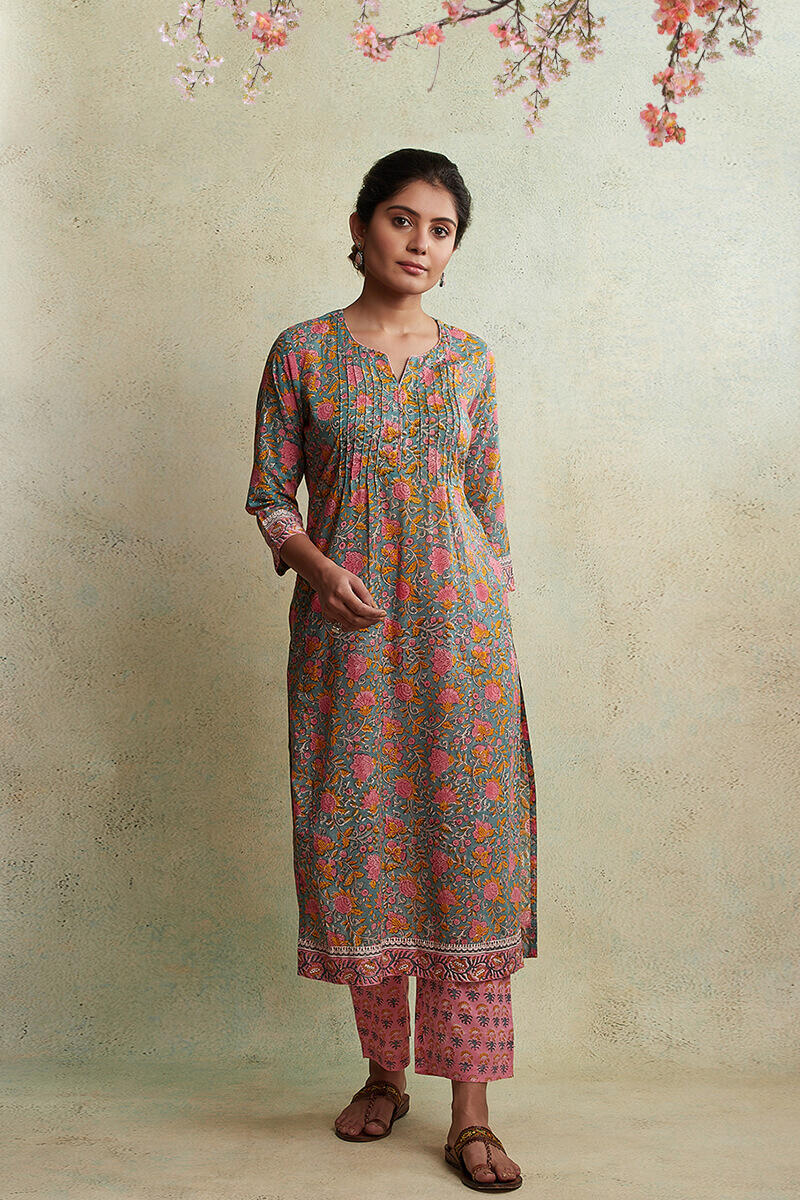 Blue Block Printed Straight Cotton Kurta