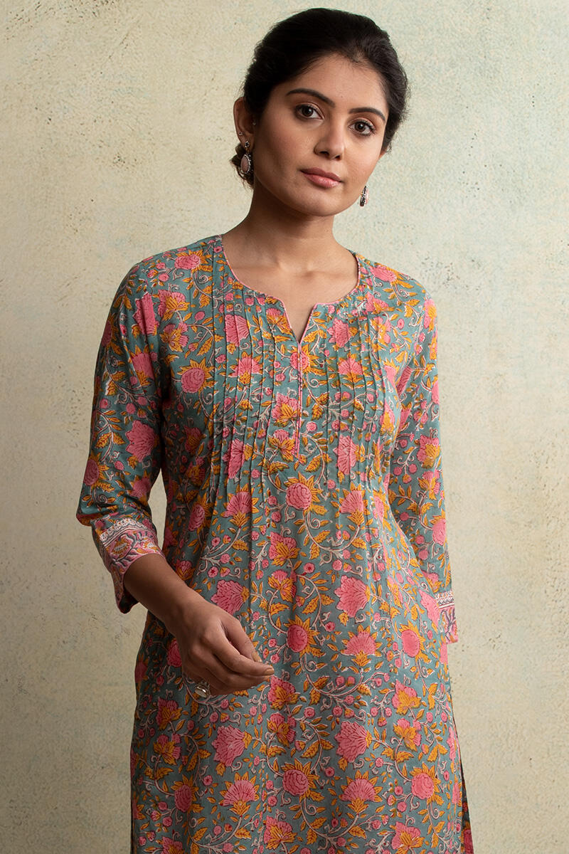 Blue Block Printed Straight Cotton Kurta