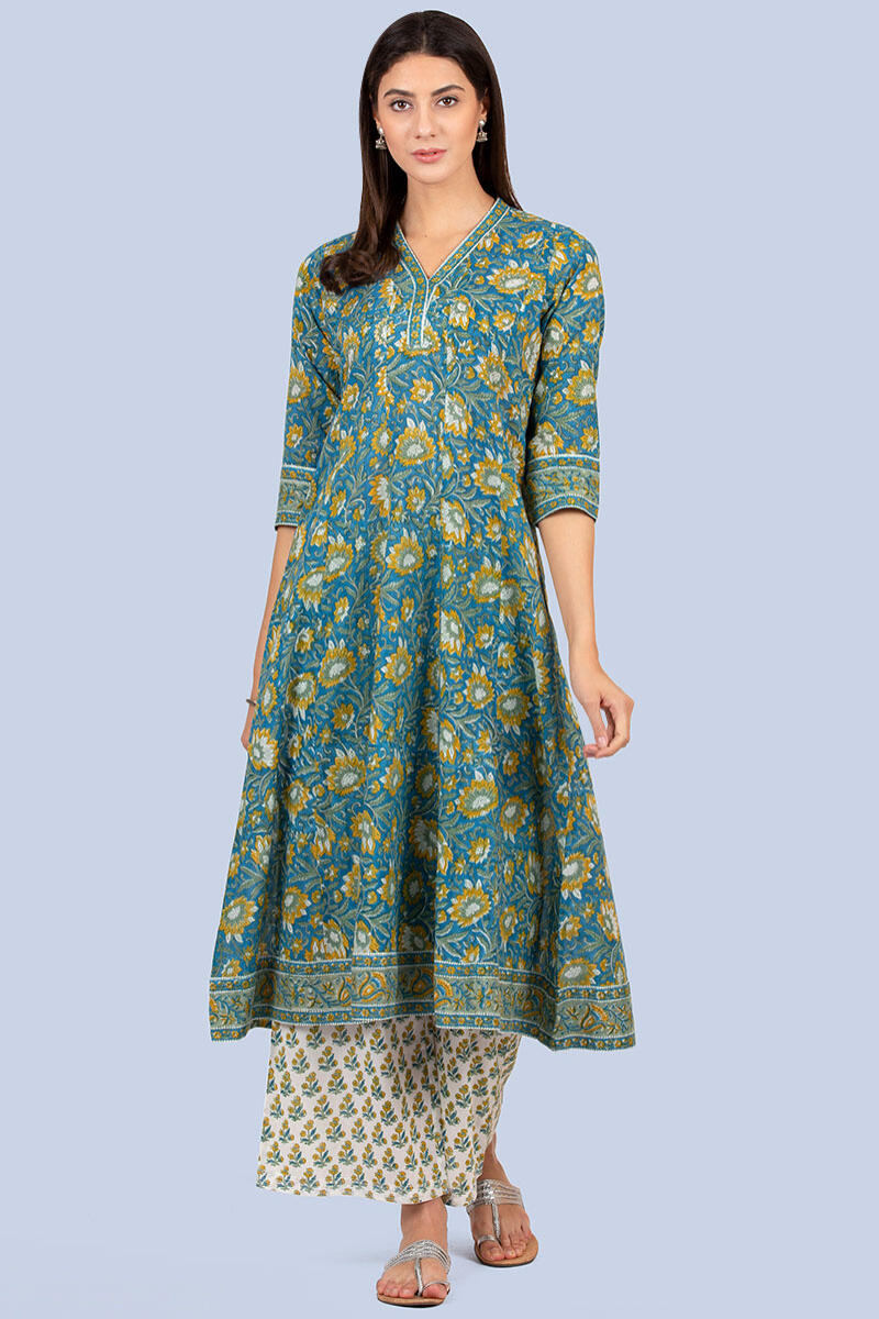 Blue Block Printed A-line Cotton Kurta