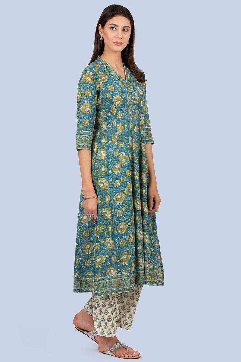 Blue Block Printed A-line Cotton Kurta