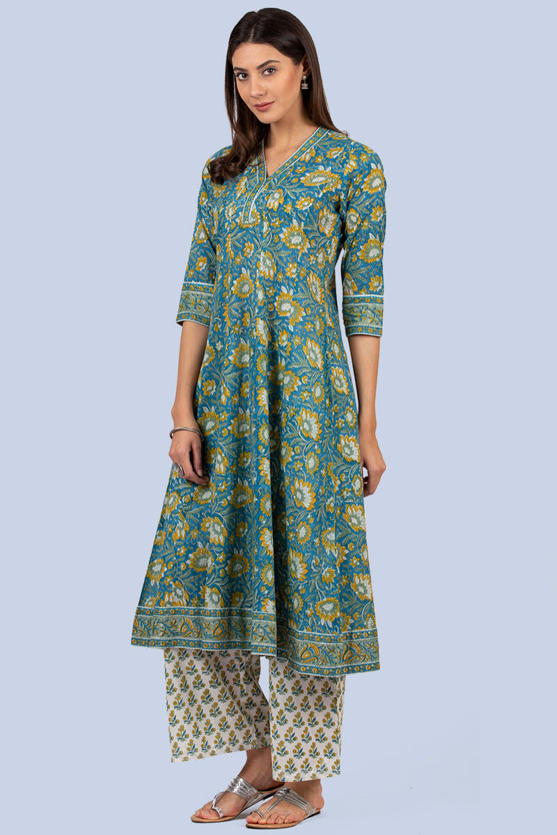 Blue Block Printed A-line Cotton Kurta