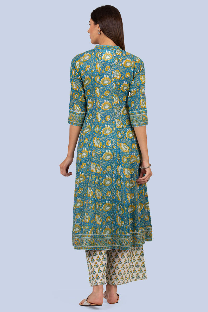 Blue Block Printed A-line Cotton Kurta