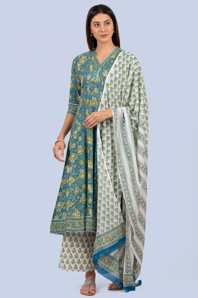 Blue Block Printed A-line Cotton Kurta