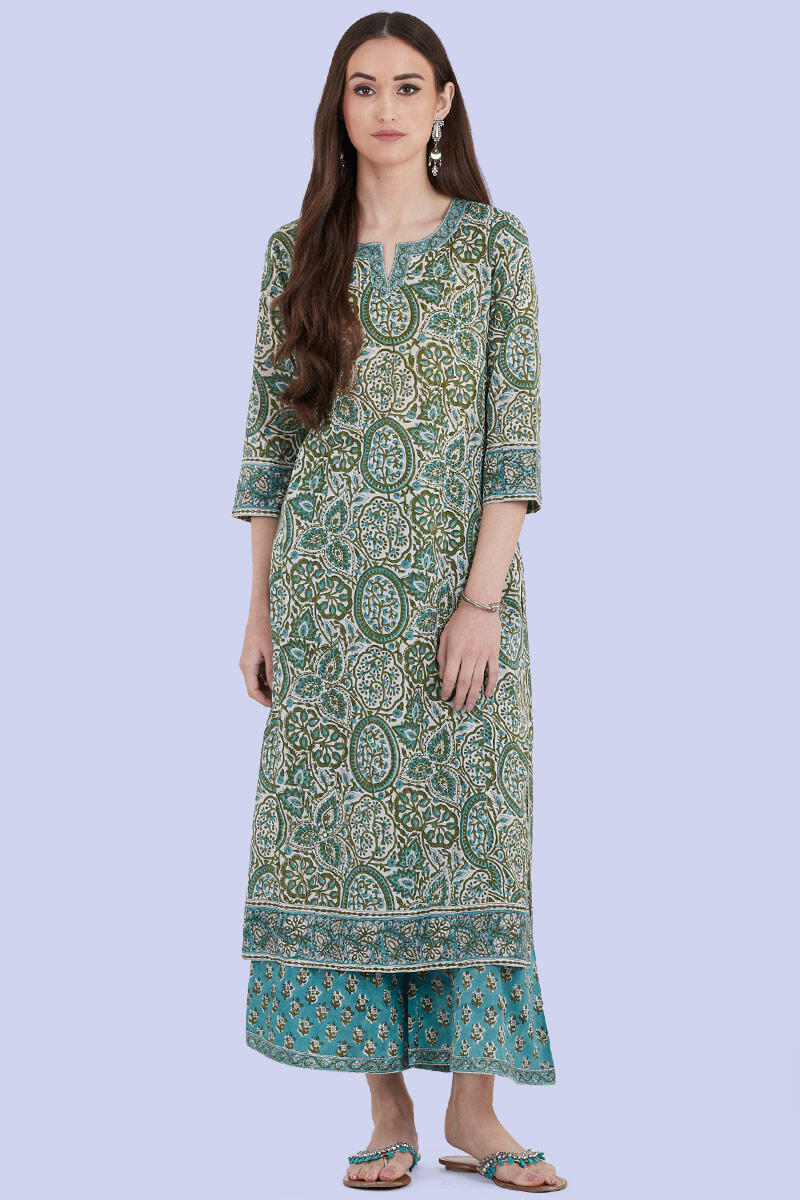 Green Block Printed Straight Cotton Kurta