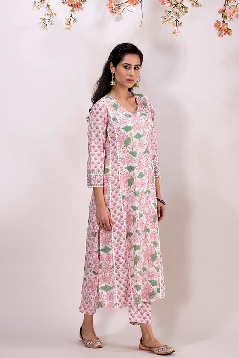 White Block Printed Straight Cotton Kurta