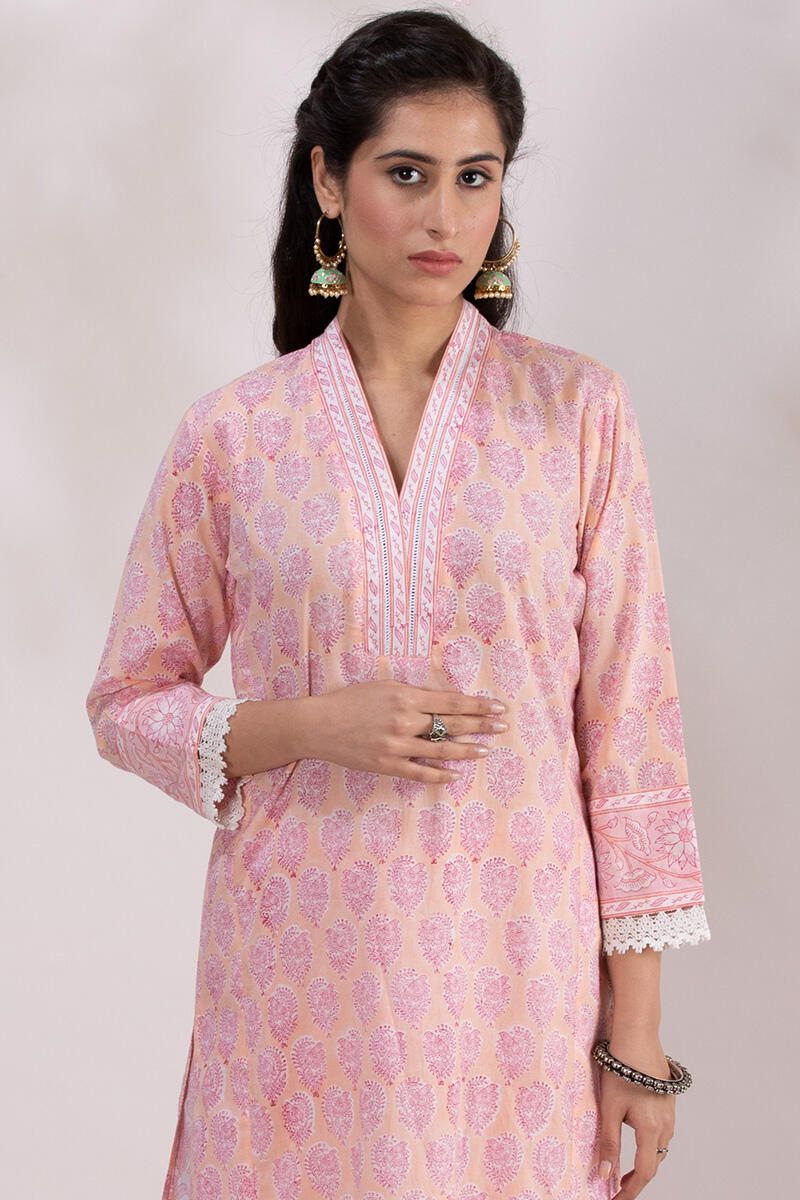 Peach Block Printed Straight Cotton Kurta