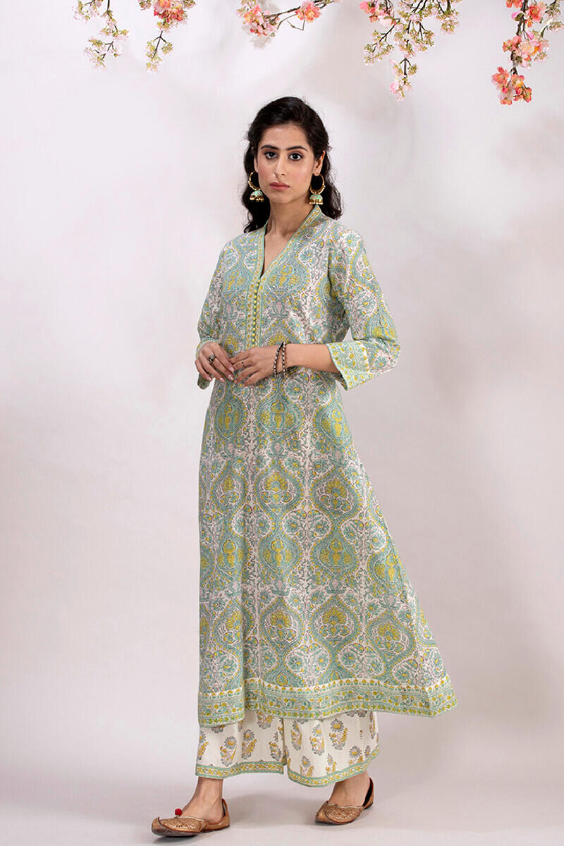 Sanganeri Block Printed A-line Cotton Kurta