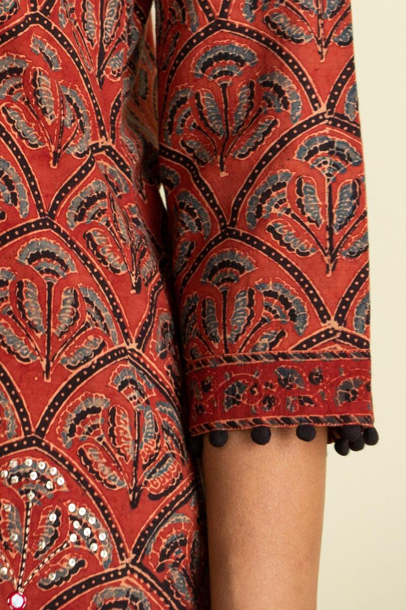 Red Block Printed Straight Cotton Kurta