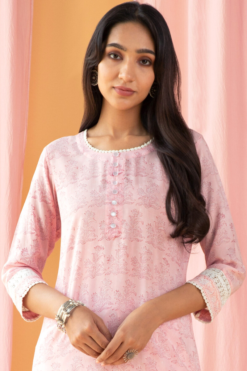 Pink Block Printed Straight Cotton Modal Kurta