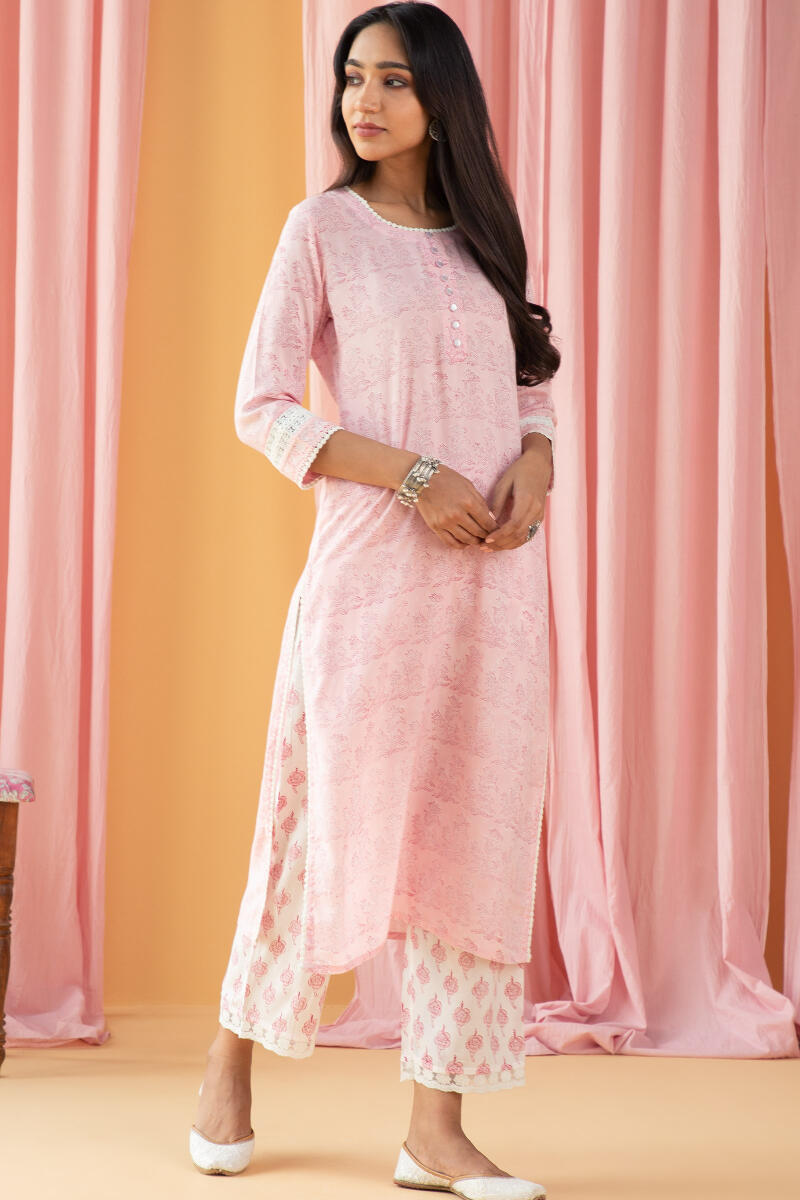 Pink Block Printed Straight Cotton Modal Kurta