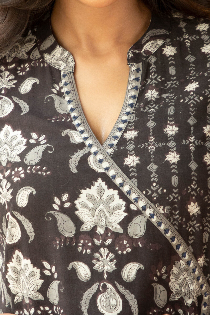 Black Block Printed Angrakha Cotton Kurta