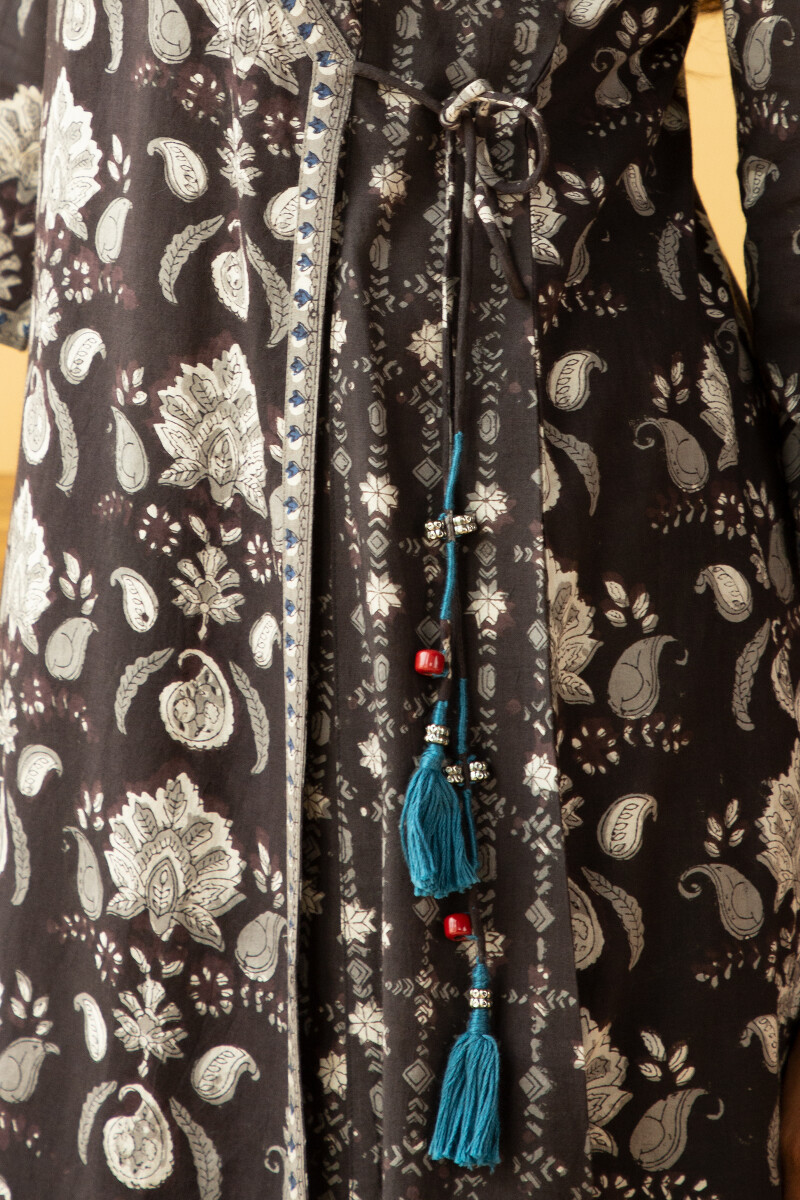 Black Block Printed Angrakha Cotton Kurta