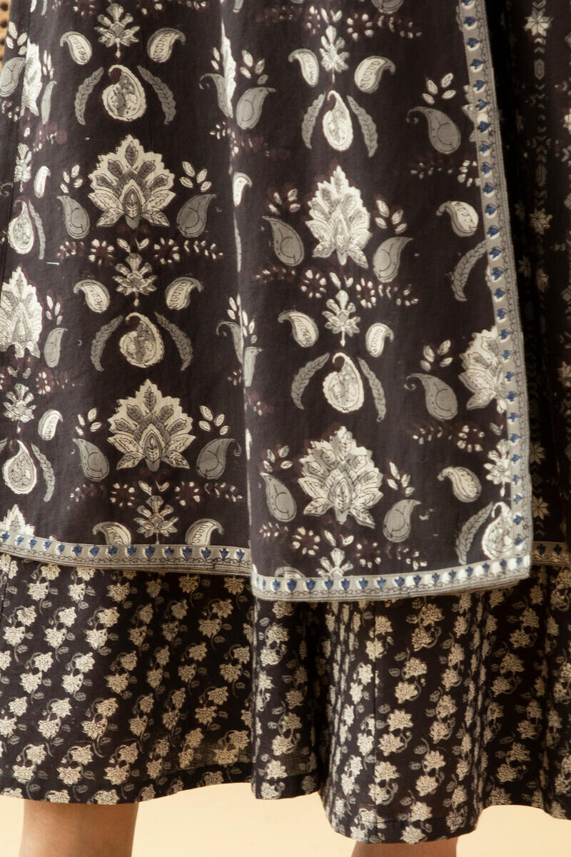 Black Block Printed Angrakha Cotton Kurta