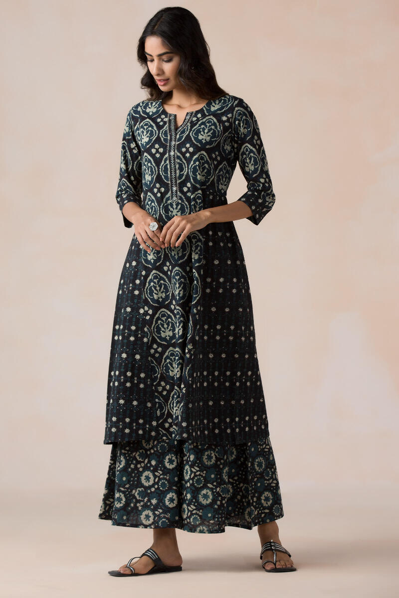 Black Block Printed A-Line Cotton Kurta