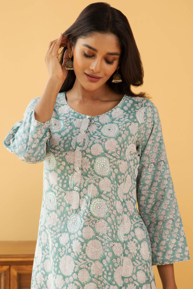 Blue Block Printed Straight Cotton Kurta