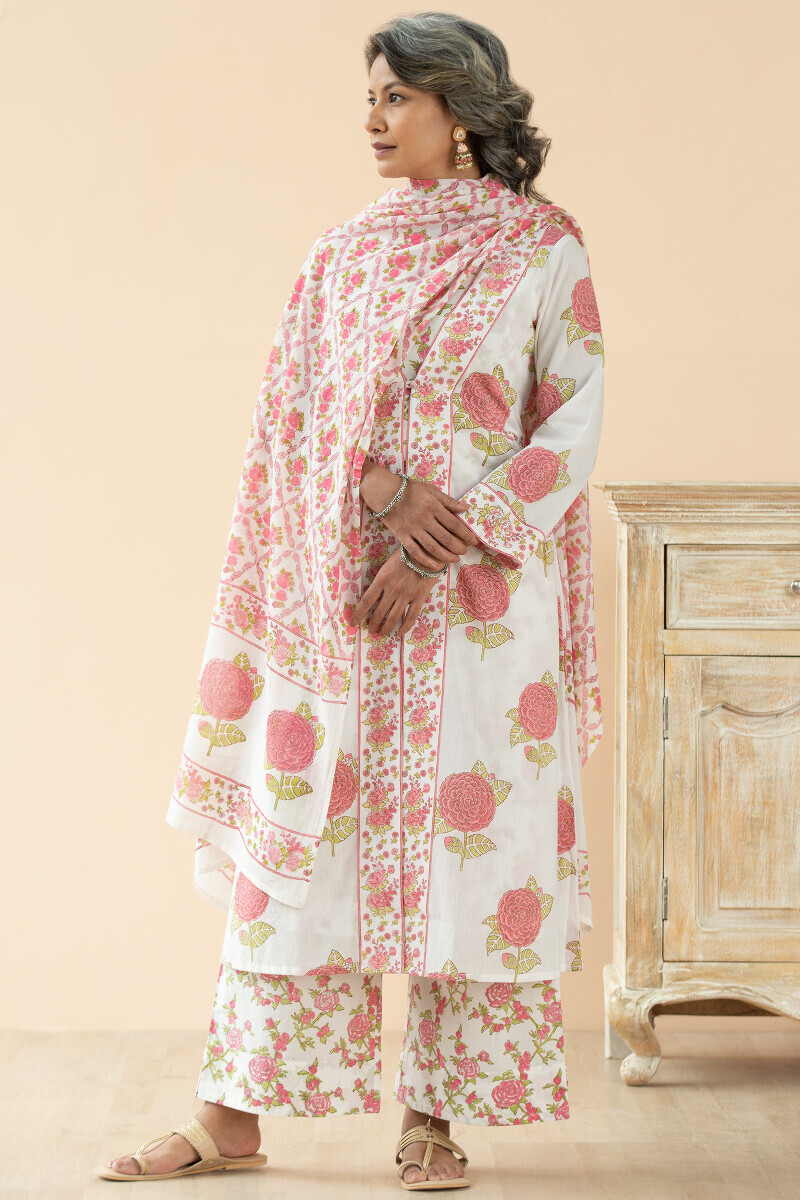 White Block Printed A-Line Cotton Kurta