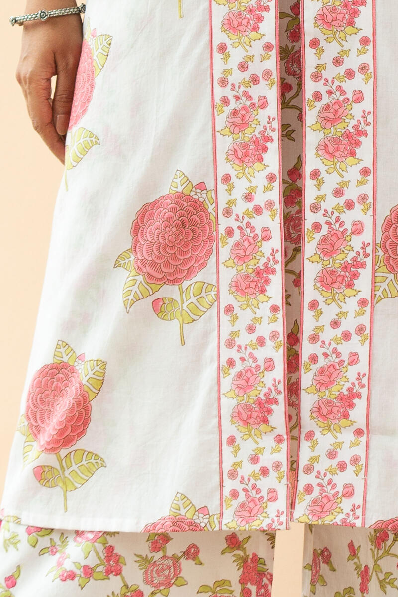 White Block Printed A-Line Cotton Kurta