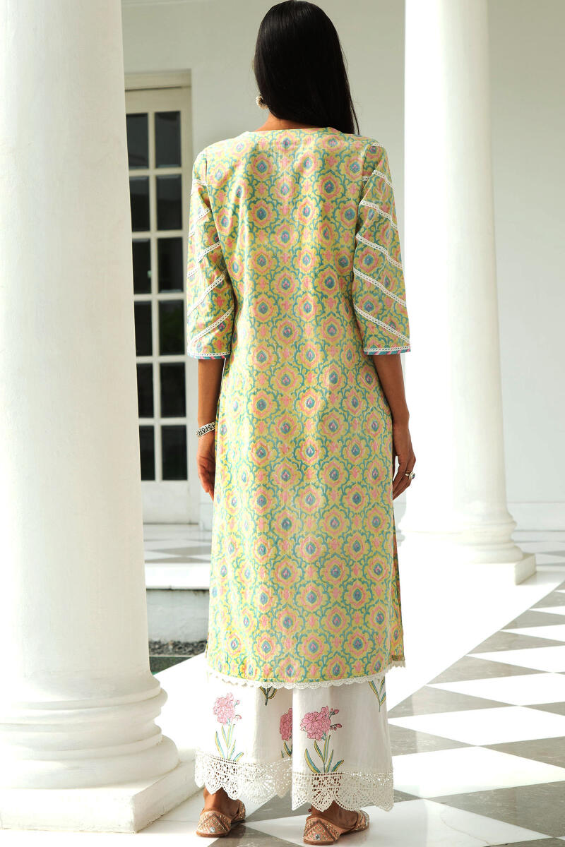 Green Block Printed Straight Cotton Kurta