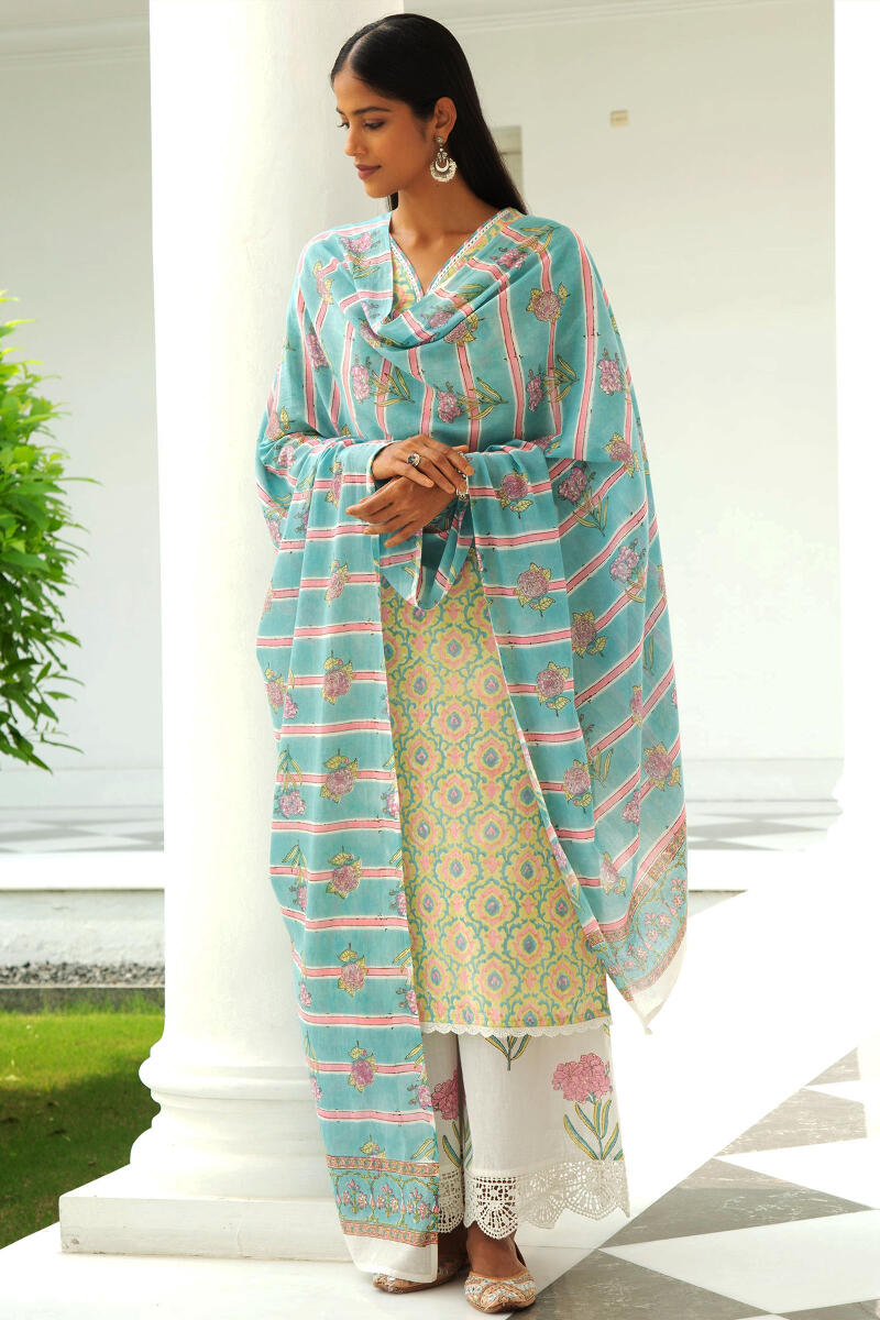 Green Block Printed Straight Cotton Kurta