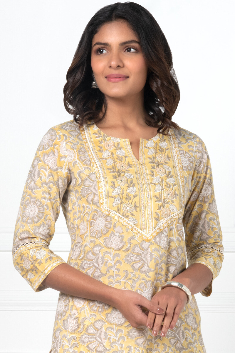 Yellow Block Printed Straight Cotton Kurta