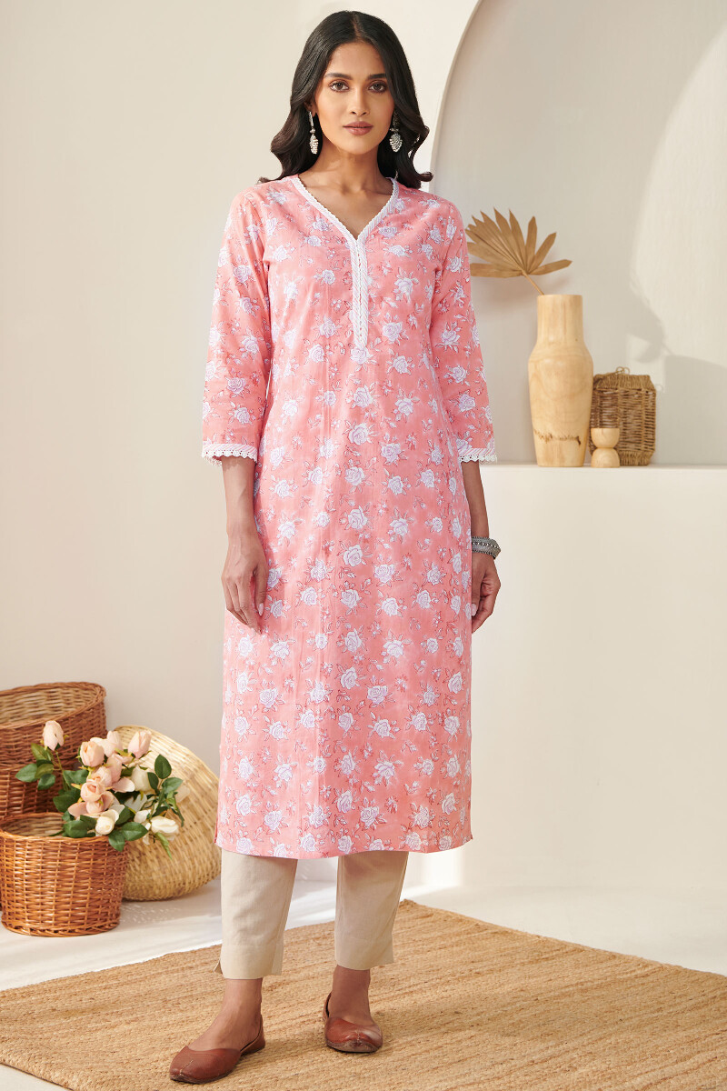 Peach Hand Block Printed Straight Cotton Kurta