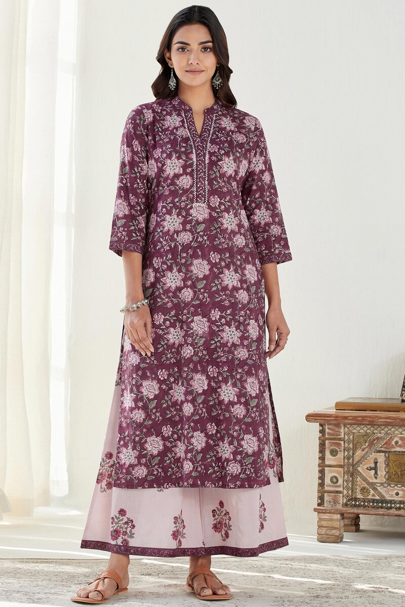 Purple Hand Block Printed Straight Cotton Slub Kurta