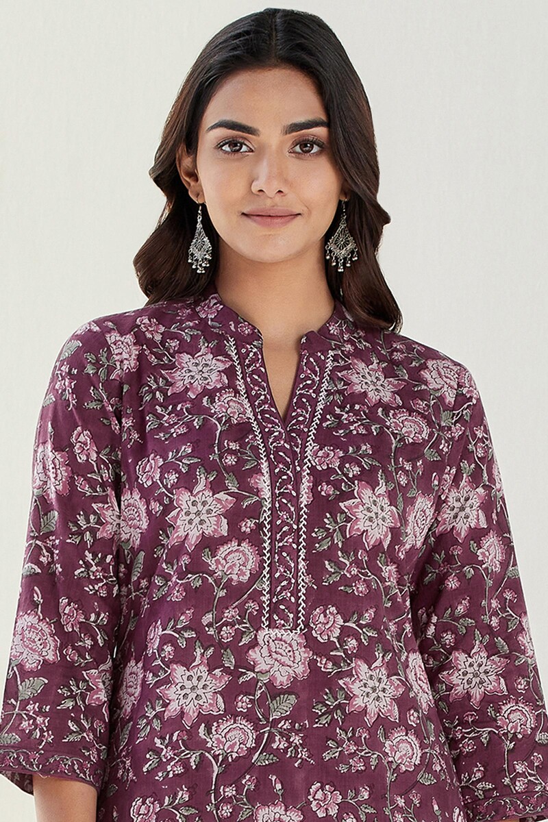 Purple Hand Block Printed Straight Cotton Slub Kurta